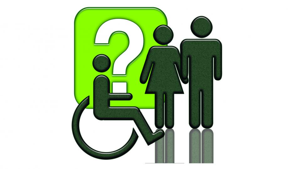Fragezeichen über Rollstuhlfahrer mit Paar