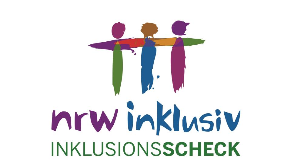 Logo zum Inklusionsscheck NRW Drei bunte Strichmännchen, darunter steht nrw inklusiv INKLUSIONSSCHECK