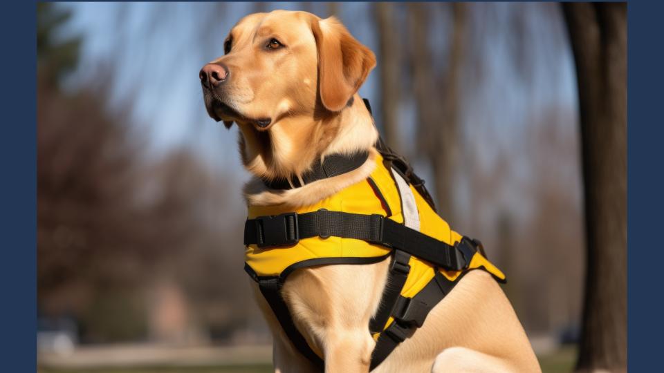 Ein Golden Retriever mit einem gelben Geschirr sitzt in einem Park.