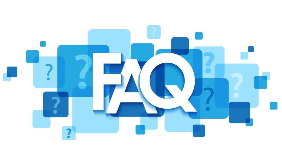 Blaue Kacheln auf weißem Hintergrund. Darin sind Fragezeichen. In der Mitte steht in weißer Schrift "FAQ".