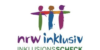 Logo zum Inklusionsscheck NRW Drei bunte Strichmännchen, darunter steht nrw inklusiv INKLUSIONSSCHECK