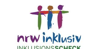Logo zum Inklusionsscheck NRW Drei bunte Strichmännchen, darunter steht nrw inklusiv INKLUSIONSSCHECK