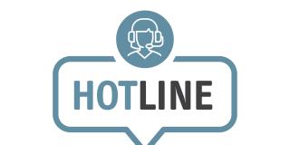 Die abstrakte Zeichnung einer weiblichen Person mit einem Headset in einem blau hinterlegten Kreis. Darunter in Großbuchstaben das Wort "Hotline" wie in einer Sprechblase.