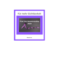 Logo des Post-Vac Awareness Days: Ein lilafarbenes Band, linkseitig zu einer Schlaufe gelegt, nach rechts läuft das Band aus. Auf dunkelgrauem Hintergrund. Lila umrandet. Darüber steht: "Für mehr Sichtbarkeit" und "Post Vac Awareness Day 2024"